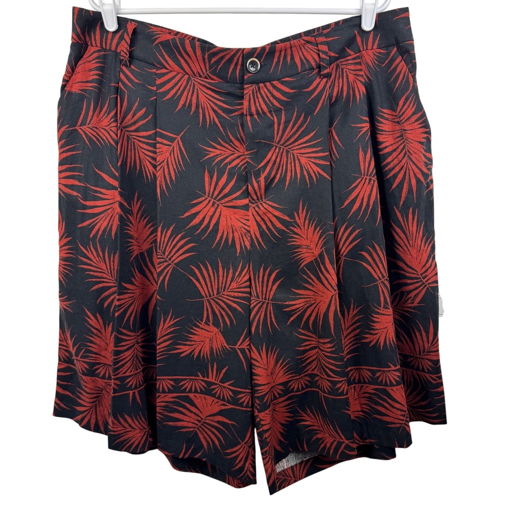 Universal Standard Black Red Palm Leaf Linen Blend Pleated Shorts Size M NEW